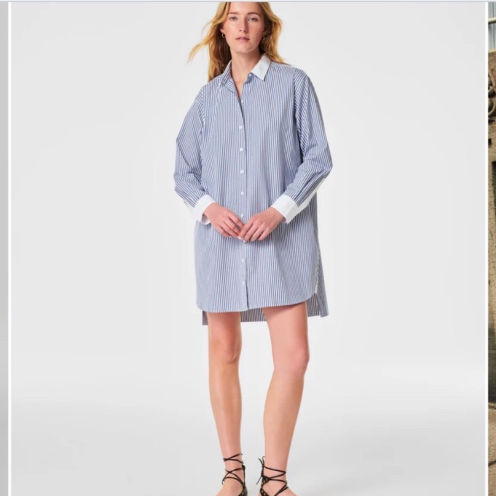 SPANX Blue Striped Button Down Shirt Dress